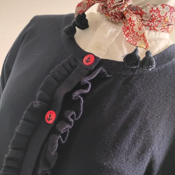 Talbots Cotton Cashmere Nautical Ruffle Cardigan Navy Blue Red Coastal Size 1X - Picture 6 of 14